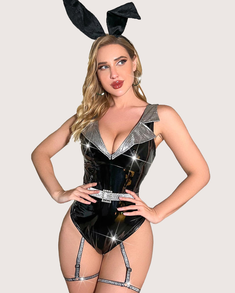 Black teddy mini garter set with bunny ears, V-neck, silver trim, and adjustable straps