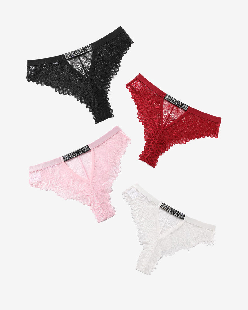 Lace panty thongs with rhinestone 'LOVE' detail, available in black, red, pink, and white.