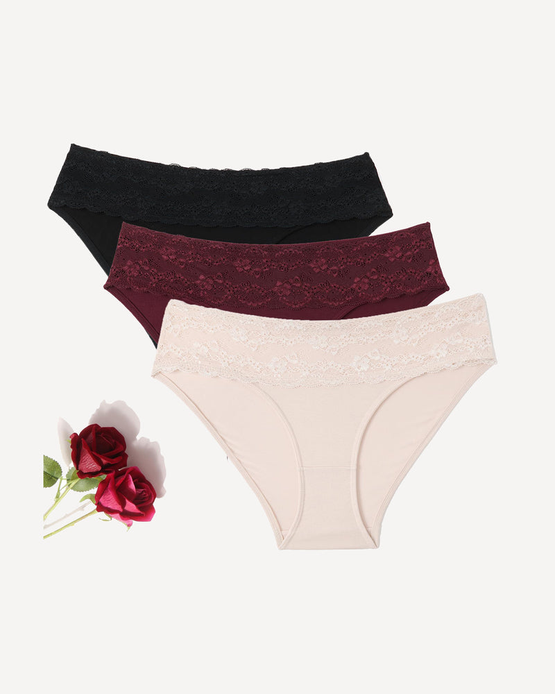 Seamless lace hipster panties in three colors. High-cut, comfortable design for women.