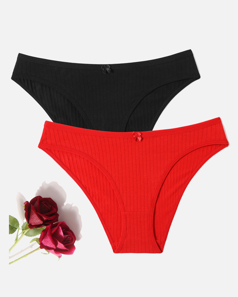 Cotton ribbed hipster panties in black and red, low-rise, breathable lingerie with bow detail.