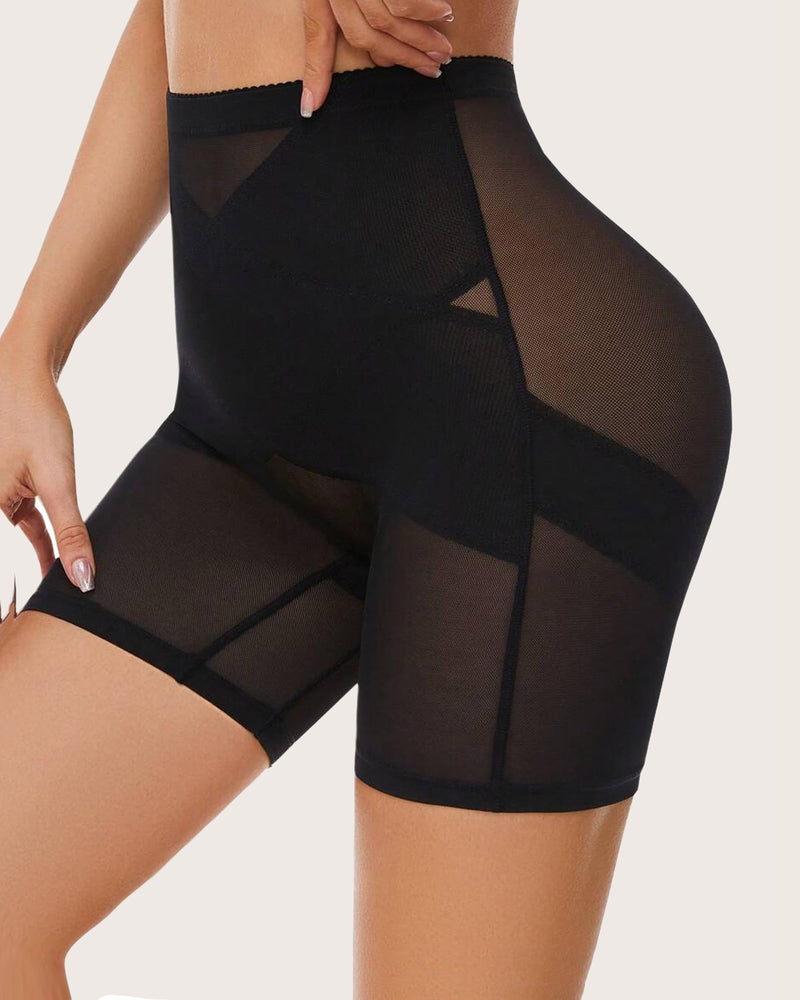 Black shapewear shorts: high-waisted design with tummy control, butt lift, smooth silhouette.