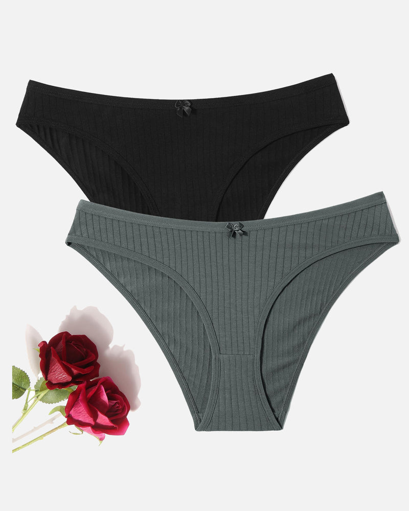 Black and grey-green cotton ribbed hipster panties with bow details. Low-rise, breathable lingerie.