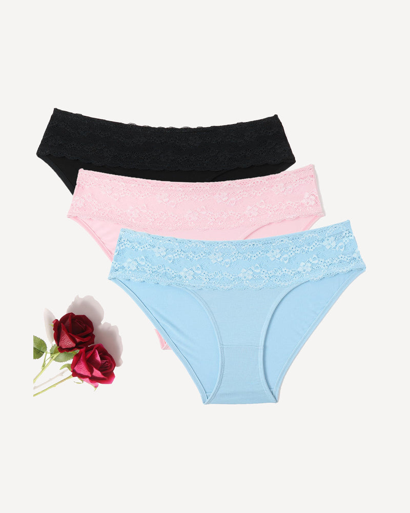 Seamless lace hipster panties in black, pink, and blue, high-cut design for comfortable wear.