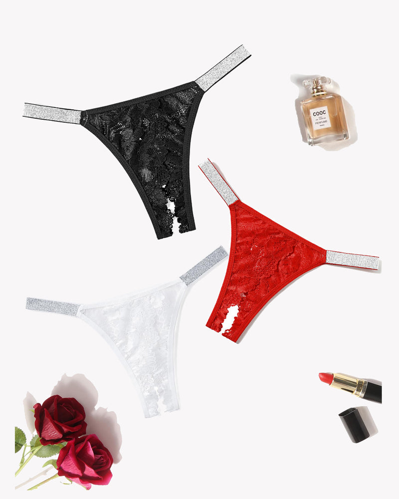 Avidlove low rise lace panties in black, red, and white with shine strap detail, sensual lingerie
