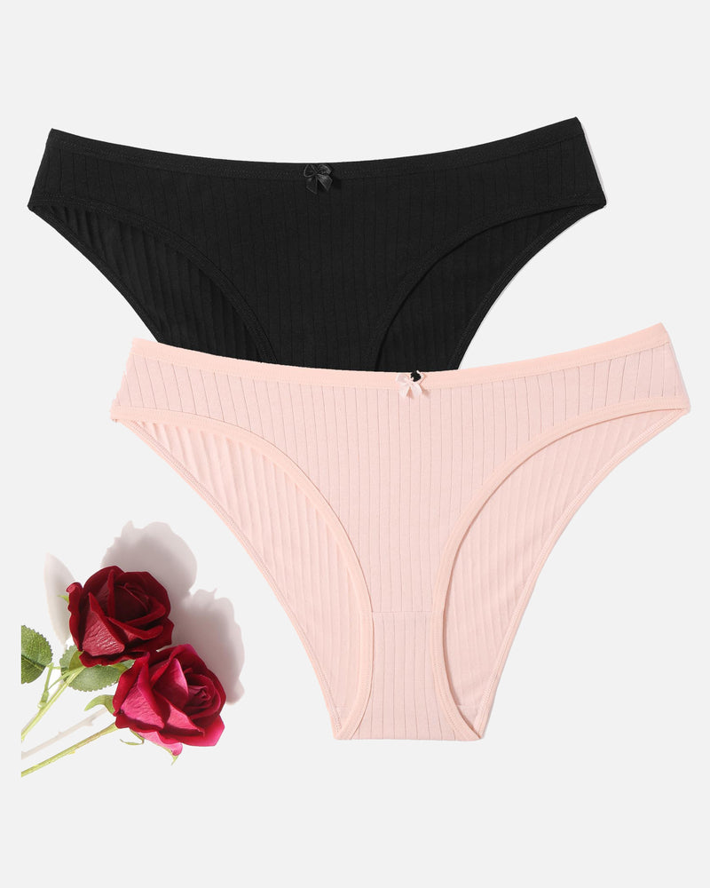 Black and pink cotton ribbed hipster panties with bow. Low-rise, ribbed, comfortable lingerie.