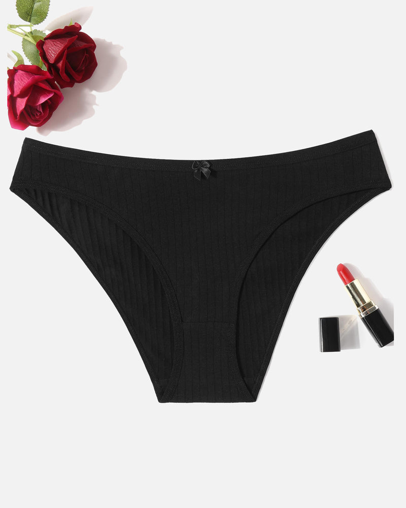 Black cotton ribbed hipster panties, low-rise, breathable lingerie with bow detail.