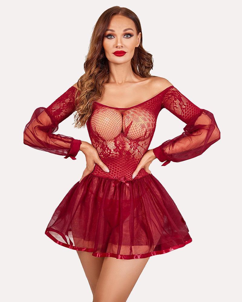 Burgundy long-sleeved lace babydoll nightwear with sheer mesh skirt. Sexy lingerie for women.