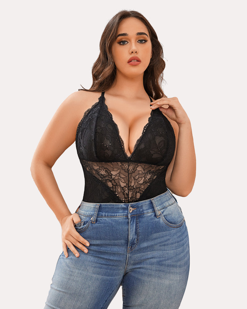 Black lace plus size bodysuit with deep V-neck by Avidlove, paired with jeans, snap crotch