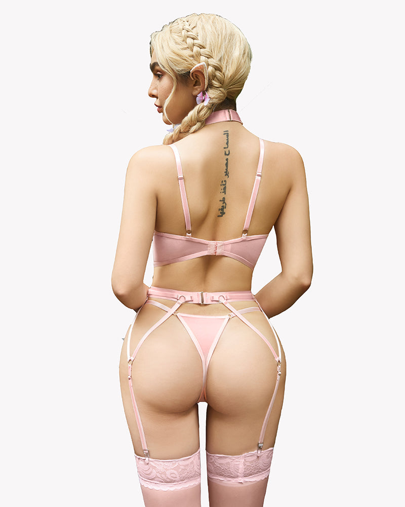 Pink embroidered lace lingerie set with garter belt, choker, and stockings. Romantic wear.