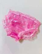 Hot pink sheer ruffle brief with elastic waist and holographic sheen