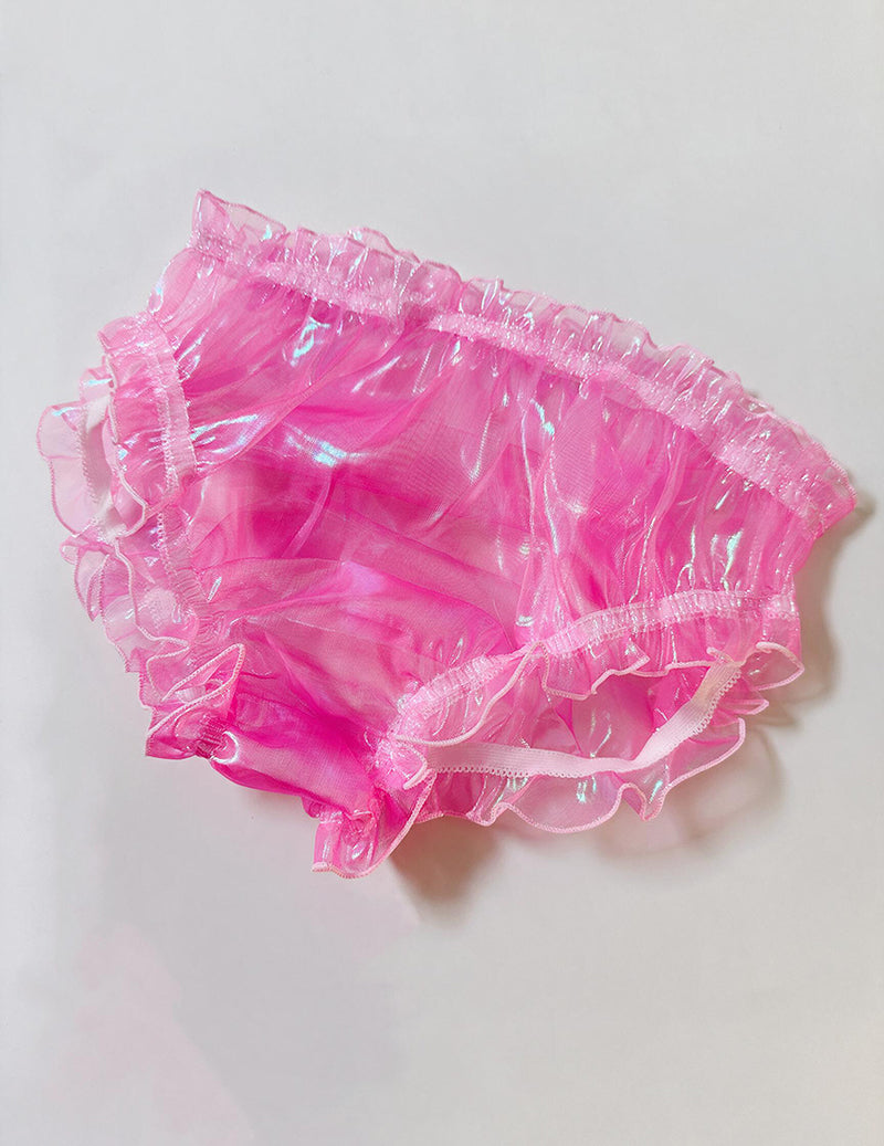 Hot pink sheer ruffle brief with elastic waist and holographic sheen