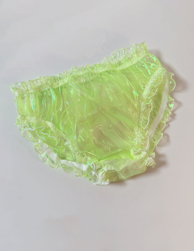 Fluorescent green sheer ruffle brief with holographic sheen and elastic waist