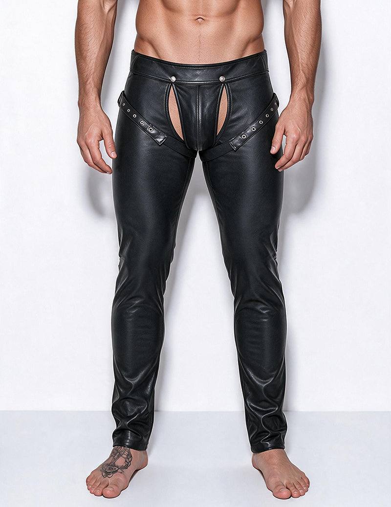 Men's black faux leather tight-fit pants with studded side panels and cutout fly