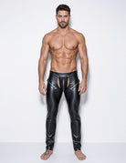 Men's faux leather tight-fit pants, black; front stud details with central cutout panel