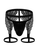 Men Lace G-String Thong with Leg Harness - Black
