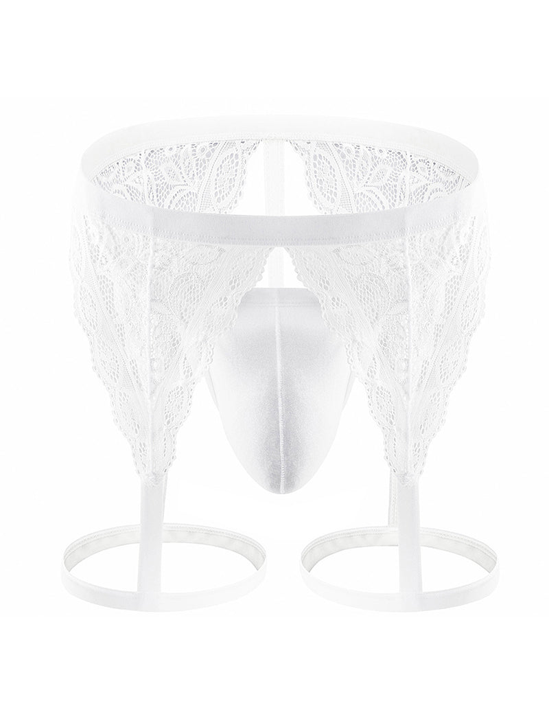 White lace thong with leg harness loops and vertical center stripe