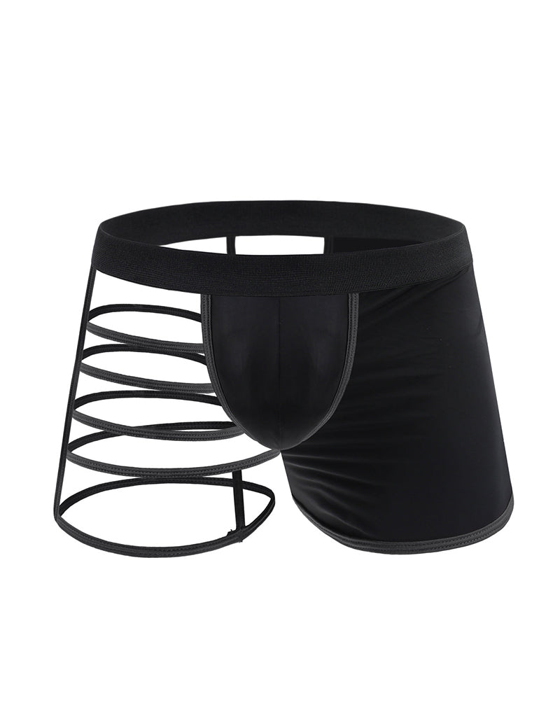 Men's semi-sheer cross-front boxer briefs, black with black contrast bands