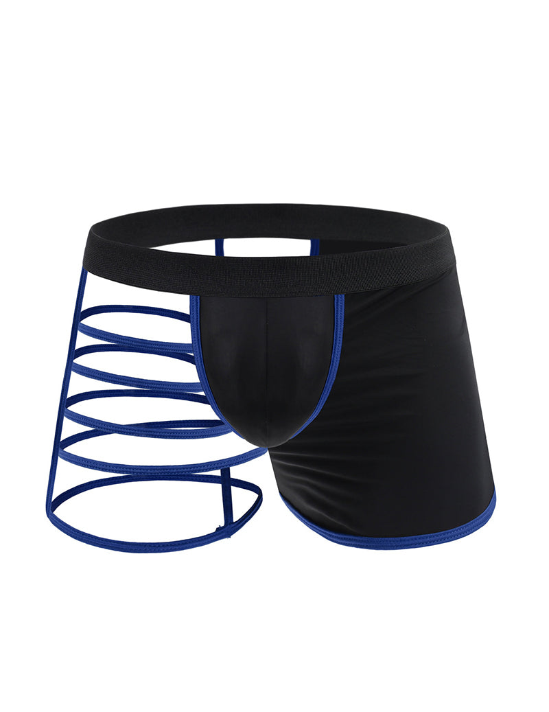 Men's semi-sheer cross-front boxer briefs, black with dark blue contrast bands