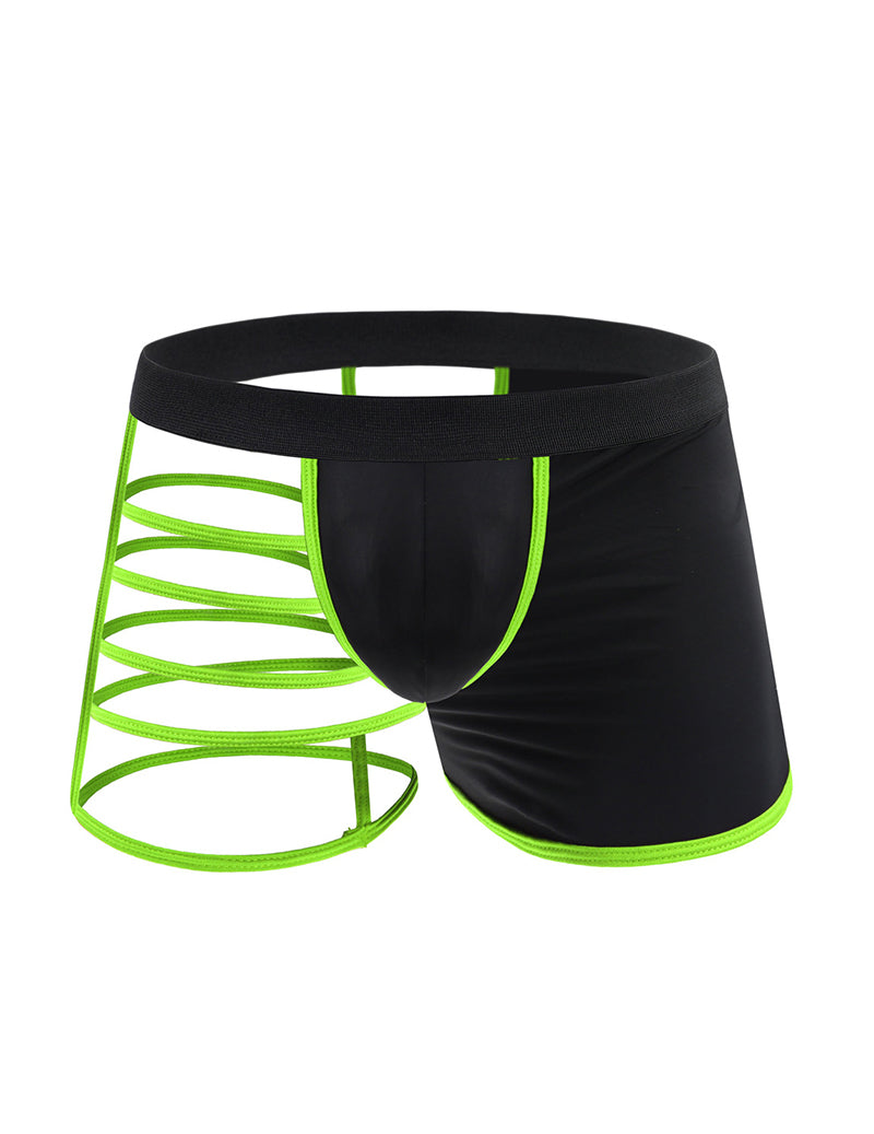 Men's semi-sheer cross-front boxer briefs, black with green contrast bands