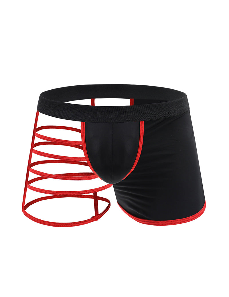 Men's semi-sheer cross-front boxer briefs, black with red contrast bands