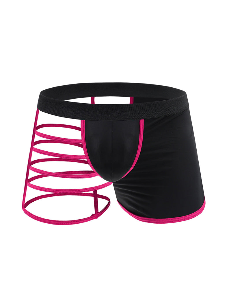 Men's semi-sheer cross-front boxer briefs, black with rose-pink contrast bands