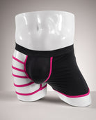 Men's semi-sheer cross-front boxer briefs on mannequin, black with bright pink bands