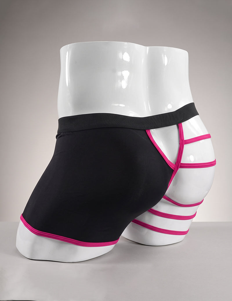 Men's semi-sheer cross-front boxer briefs on mannequin, black with rose-pink bands