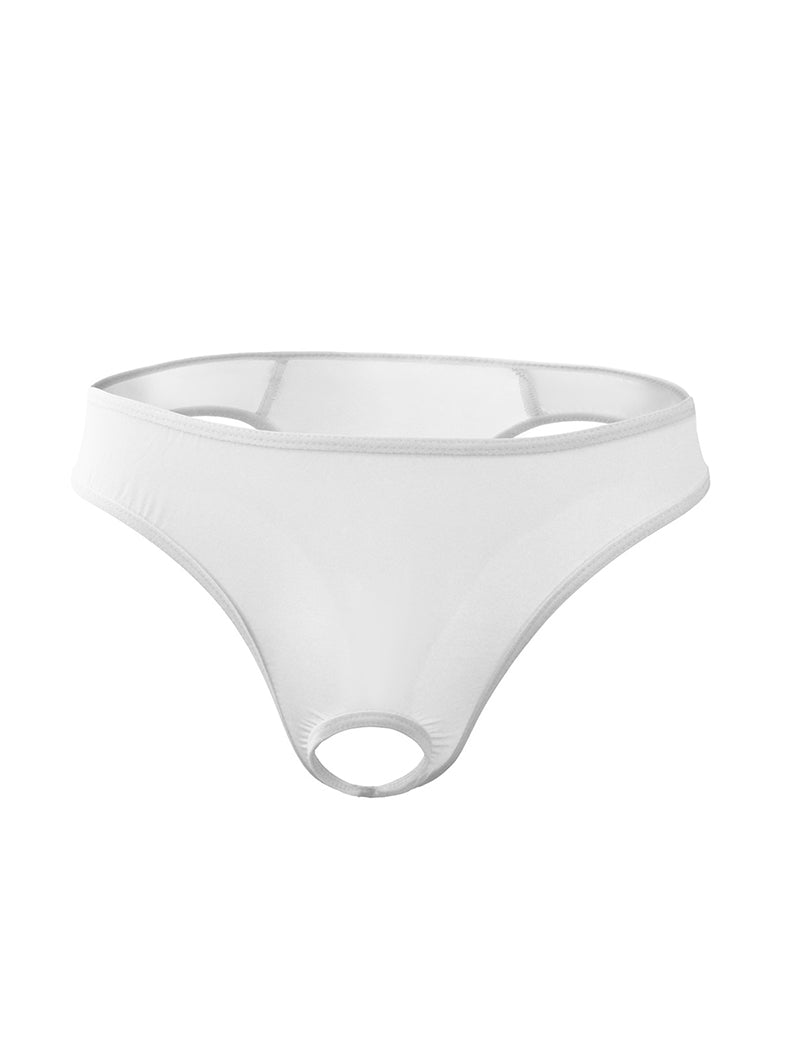 White sheer men’s G-string thong with narrow waistband and triangular front panel