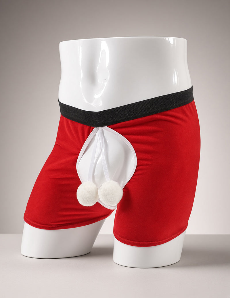 Red men’s open-crotch boxers with black waistband and white pouch with pom-poms