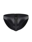 Men Faux Leather Double Zipper Briefs - Black