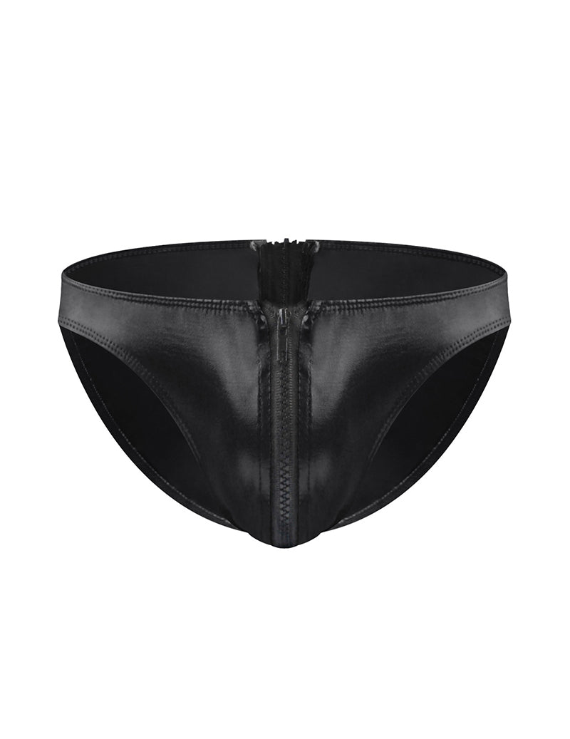 Black faux-leather briefs with vertical front zipper and elastic waistband