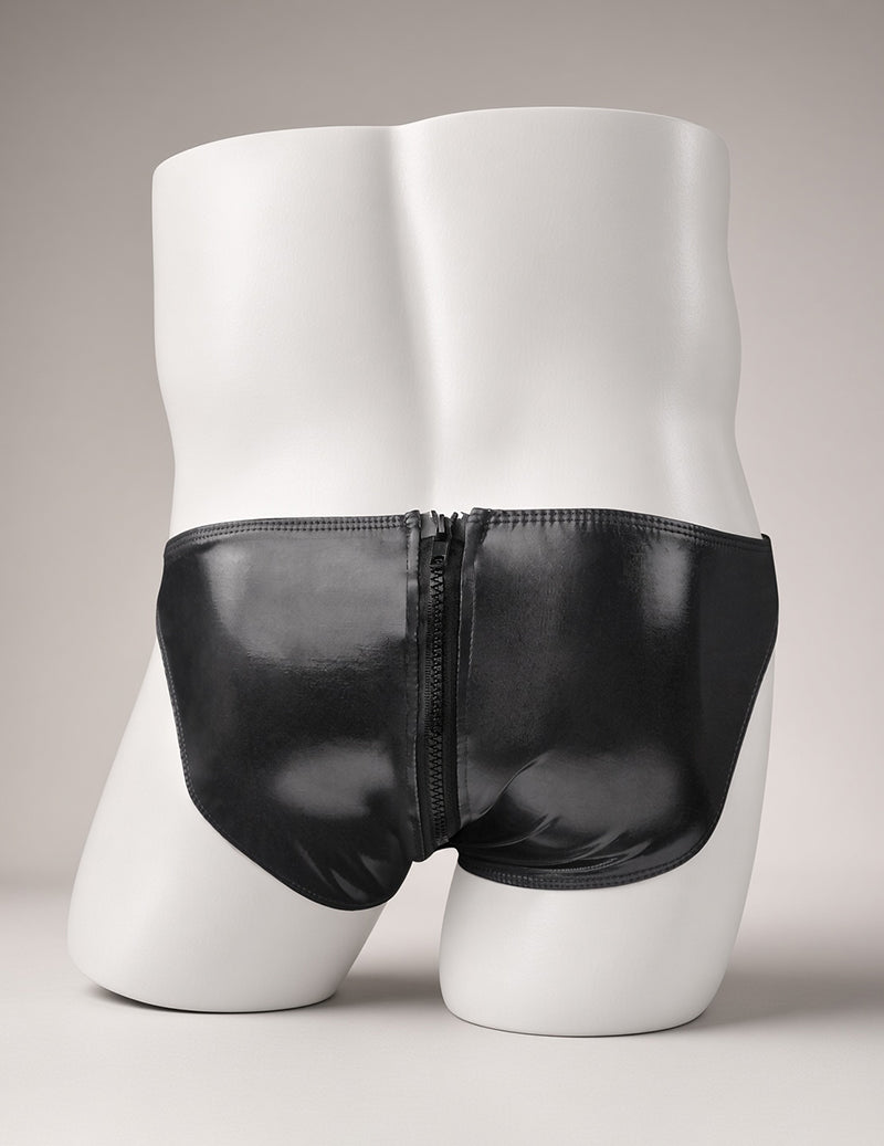Black faux-leather briefs on mannequin with vertical front zipper and curved pouch