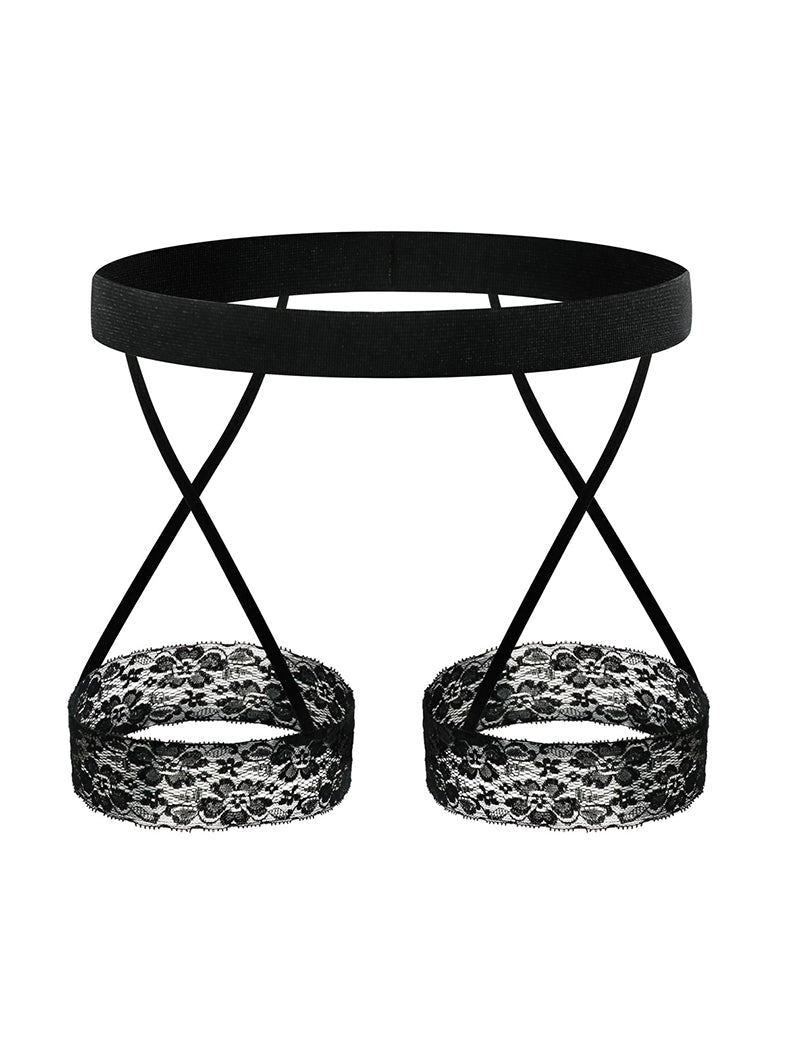 Men's black lace garter thong with wide waistband and lace-trim leg cups