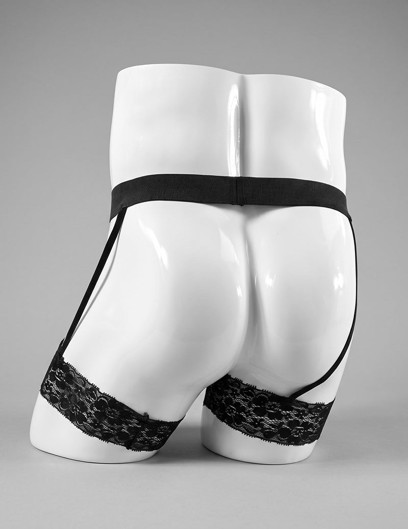 Men's black lace garter thong with wide belt and lace-trim briefs