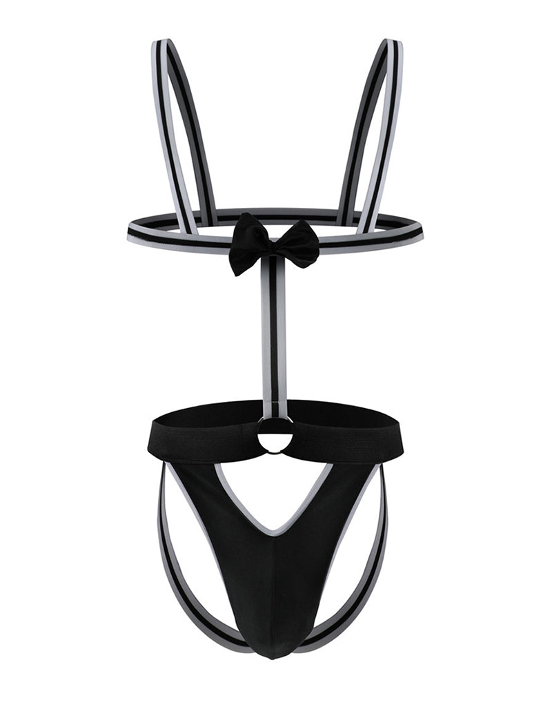 Black men’s wide band jockstrap bodysuit with bow and striped suspender straps