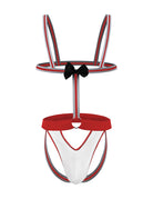 Red men’s wide band jockstrap bodysuit with black bow and striped suspender straps