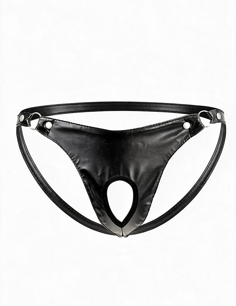 Men Faux Leather Zipper String Thong - Black