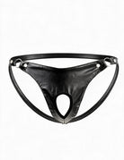 Black faux leather thong with center teardrop panel and metal ring straps