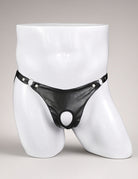 Black faux leather thong with center oval opening and snap-ring trim
