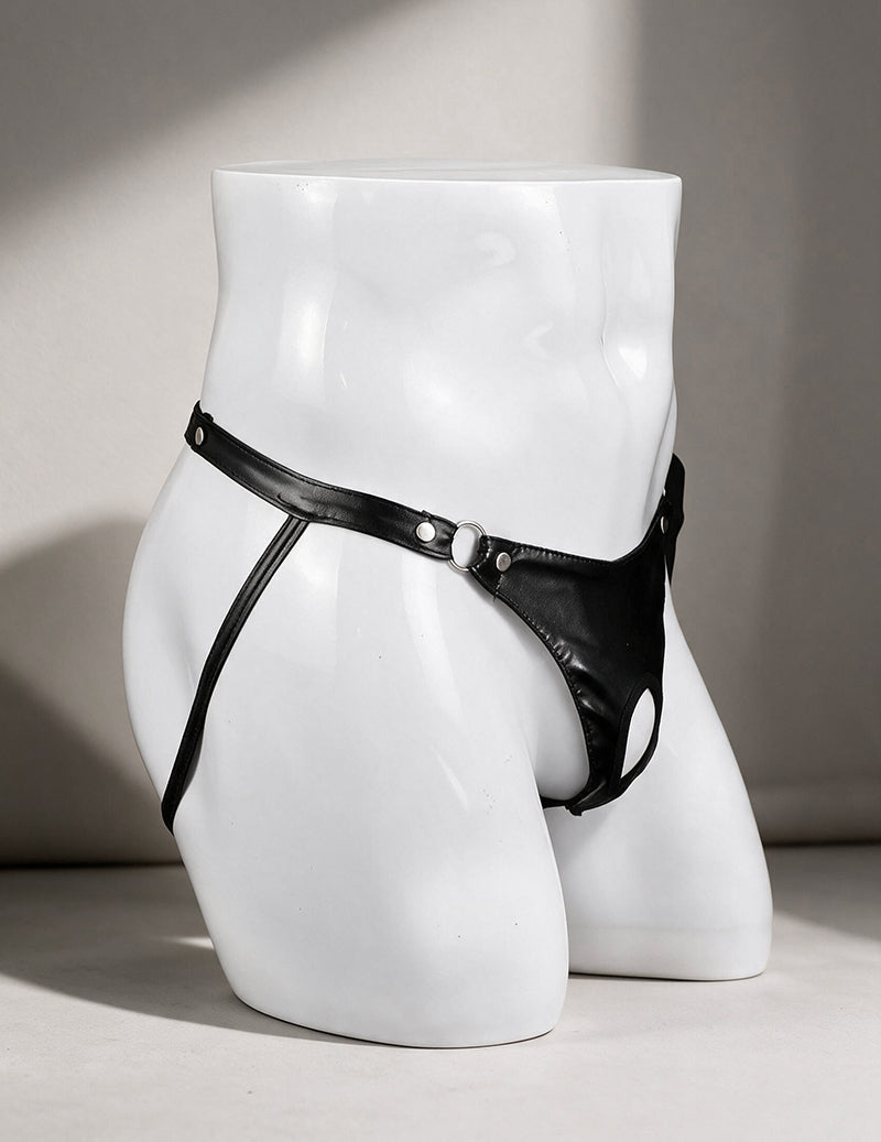 Black faux leather thong with wide waistband and side string straps