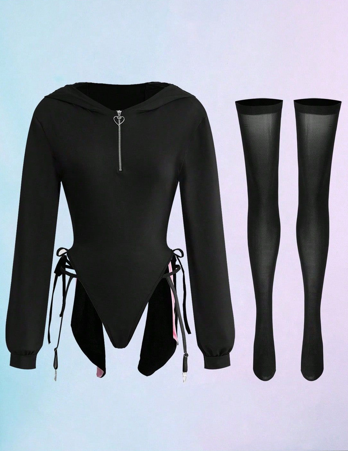 Black hooded high-cut bodysuit with front zipper and two matching stockings, flat lay