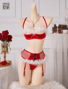 Red fur-trim bra with fishnet waist panty and garter straps lingerie set, back view