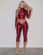 Red mock neck crop top and capri pants set, long-sleeve fitted top