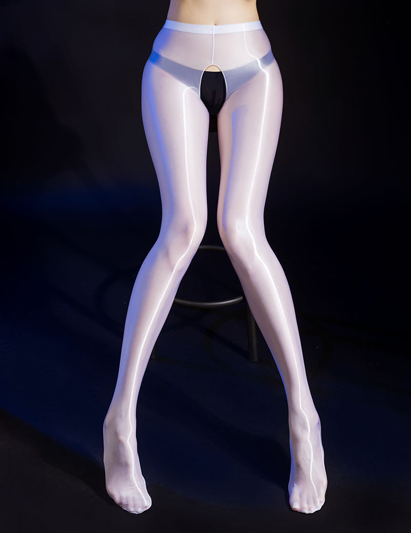 White glossy crotchless tights with open crotch panel and sheer legs