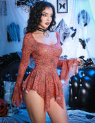 Orange leopard-print mesh babydoll nightgown with sweetheart neckline and long sleeves