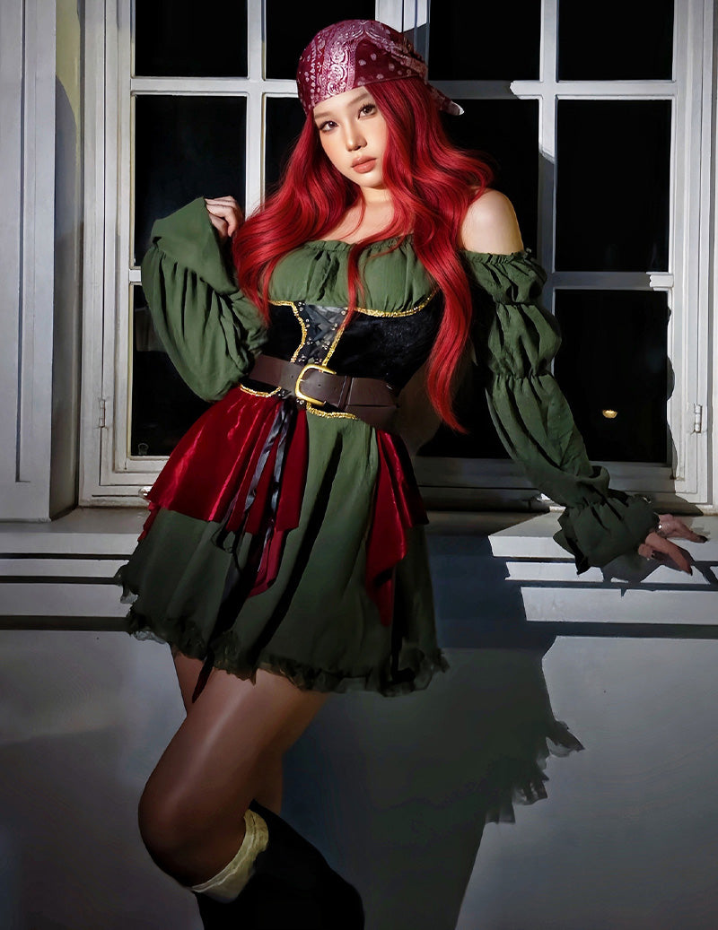 Green pirate captain costume dress with black off-shoulder top, puff sleeves, red skirt and belt