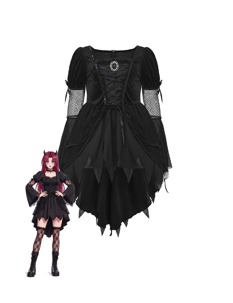 Gothic Witch Costume Dress with Mesh Puff Sleeves
