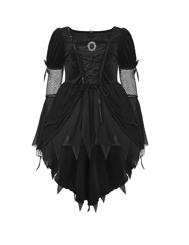 Black gothic witch costume dress with corset bodice, mesh sleeves, tiered triangular skirt