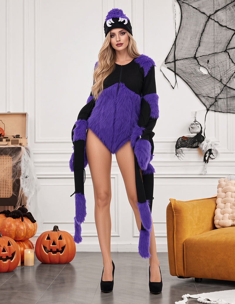 Halloween Spider Costume Bodysuit with Hat and Faux Fur Accents - Purple
