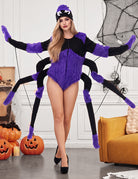 Halloween Spider Costume Bodysuit with Hat and Faux Fur Accents - Purple